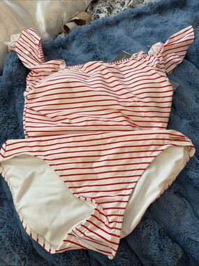 Vince Camuto Red and White Striped Bikini Bottom with Logo Plate